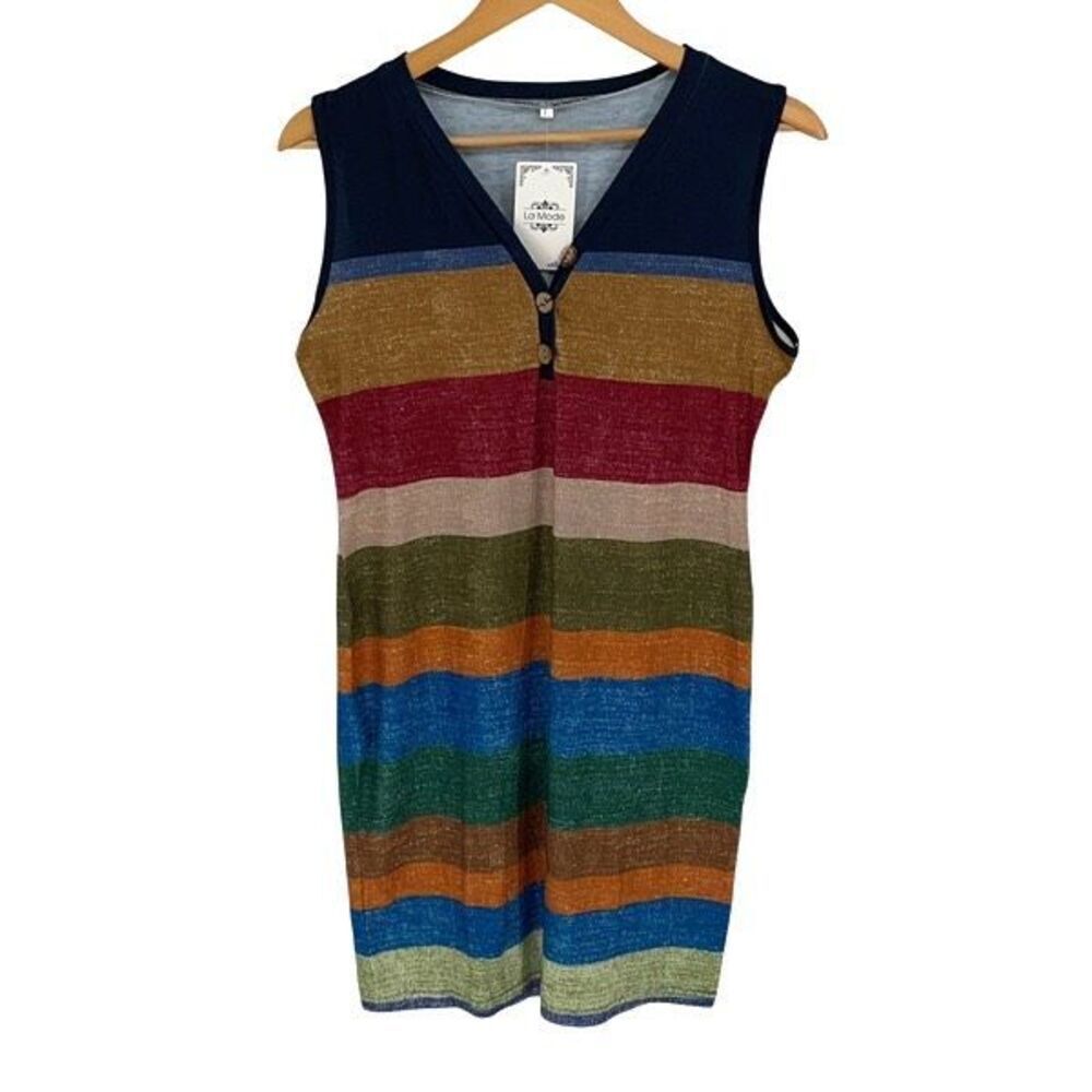 La Made Womens Rainbow Striped 1/4 Button Bodycon Dress Blue Red Size Large NWT